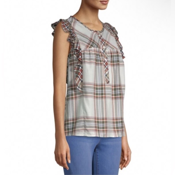 Time‎ and True White Multi Plaid Fall Ruffled Sleeveless Blouse Shirt Top Large - Picture 3 of 11